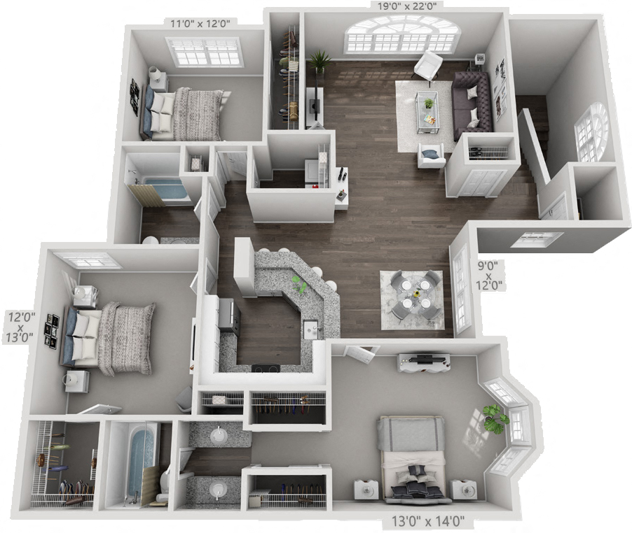 Floor plan for 3 beds, 2 baths, 1585 sqft
